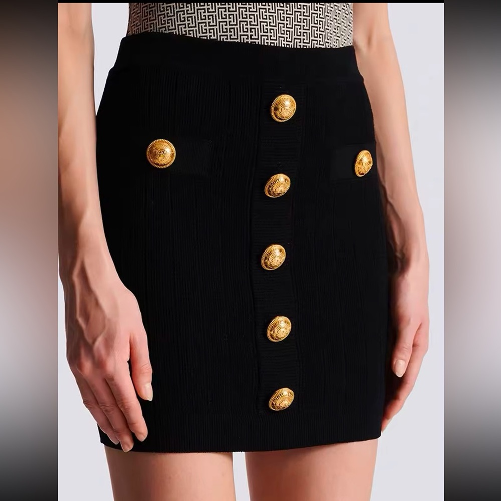 Elegant Black Skirt with Gold Button Accents